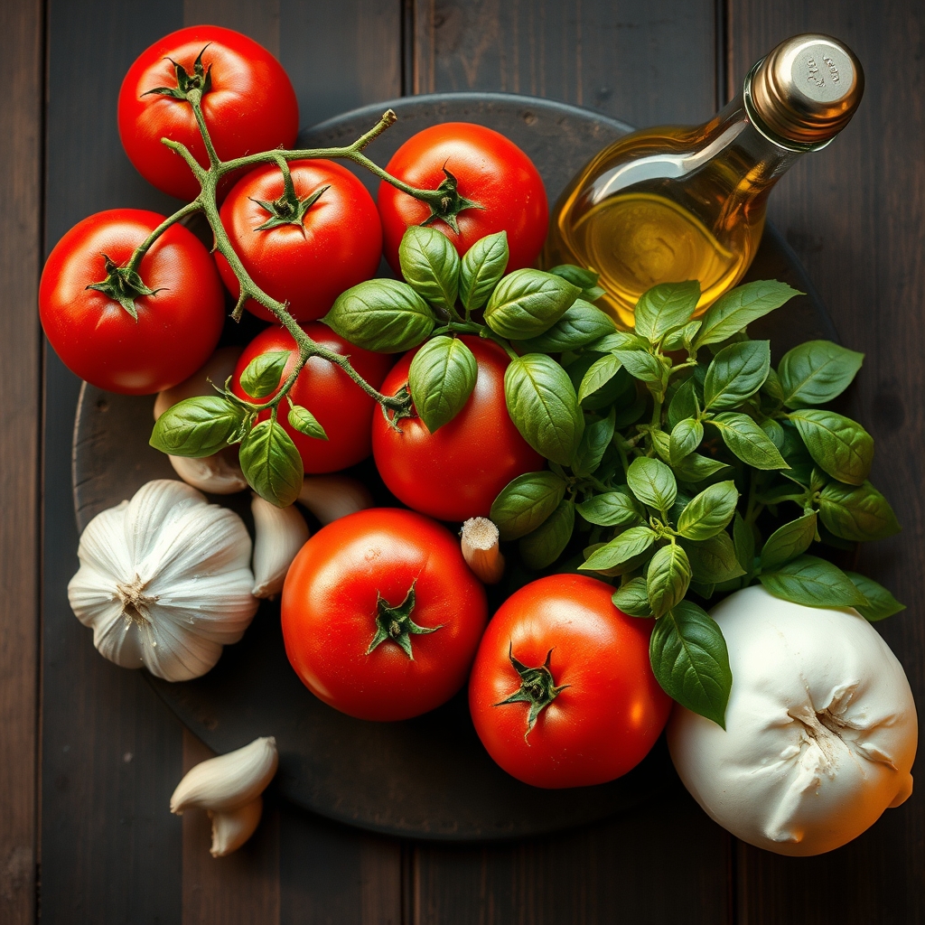 Fresh Italian ingredients: tomatoes, basil, mozzarella, olive oil