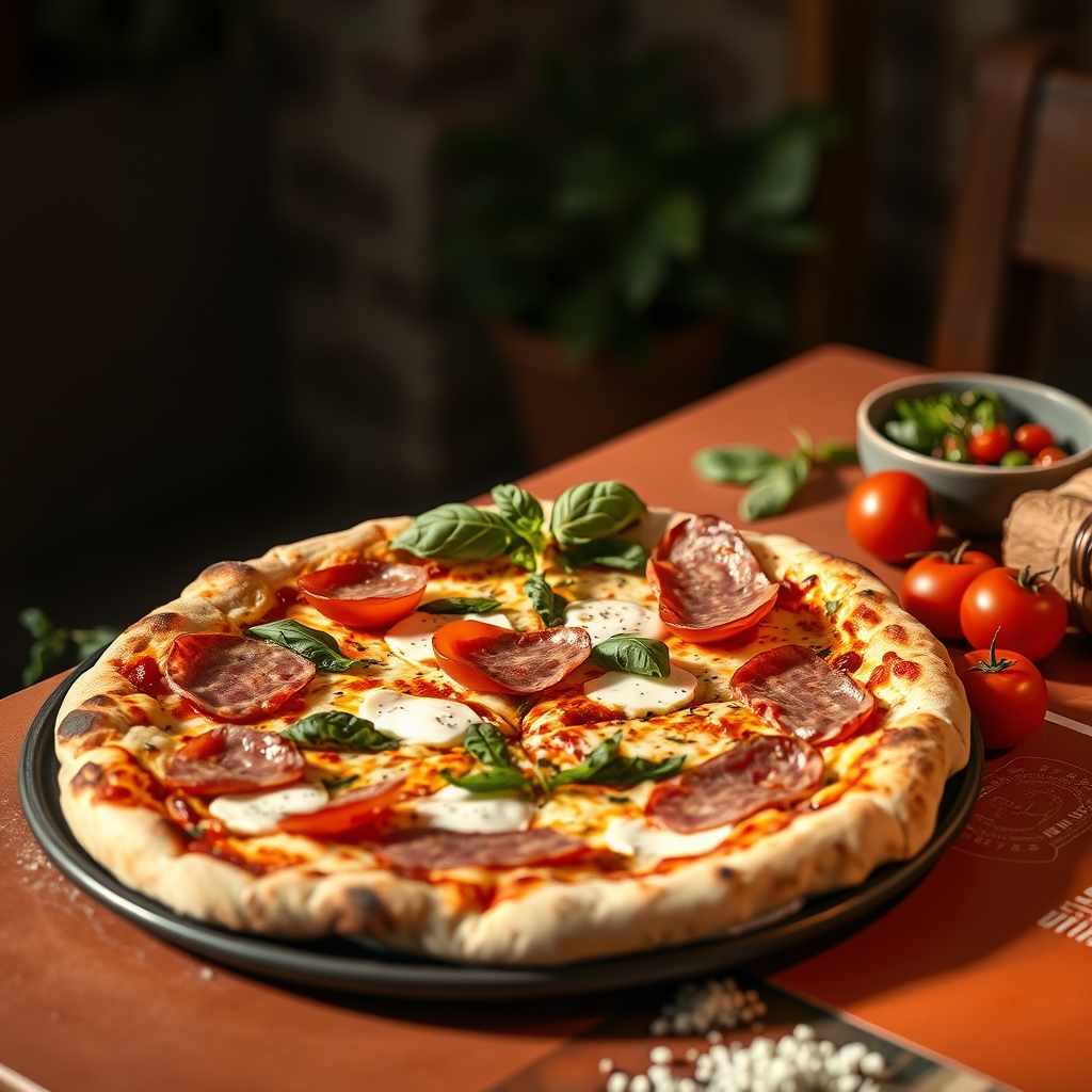 Wood-fired Italian pizza Diavola at il Forno Santorini